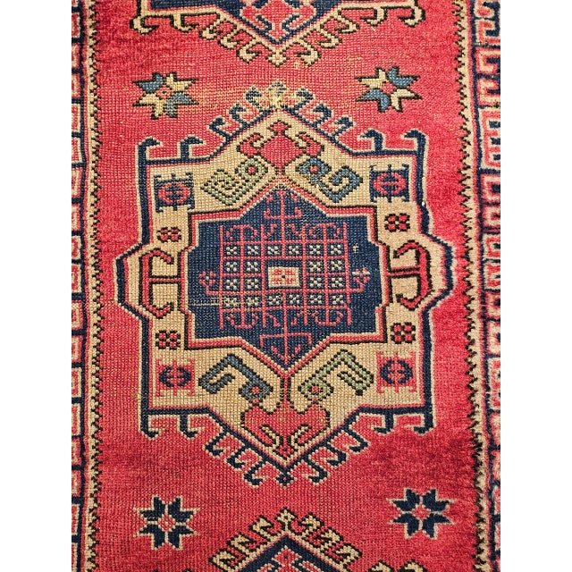 Turkish Vintage Turkish Runner, Hand-Knotted Wool, Geometric Design, Red & Navy, 3' x 7' For Sale - Image 3 of 10