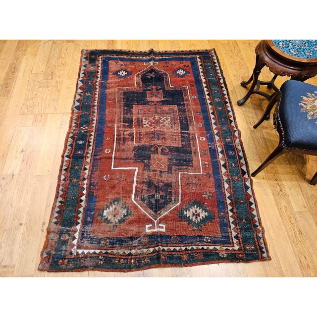 19th Century Antique Fachralo Kazak Prayer Rug, Handwoven Wool, Persimmon & Green, 4' x 6' For Sale - Image 5 of 18