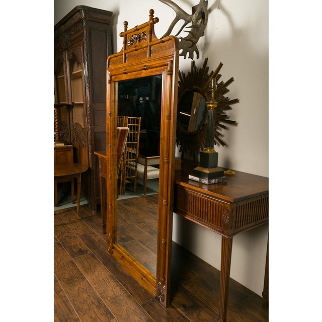 English Large English Faux-Bamboo Walnut Mirror Made of 1900s Doors with Carved Ivy For Sale - Image 3 of 12