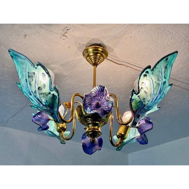 Hand Painted Murano Style Glass Leaf Chandelier | Turquoise Purple Silver Art Glass | Vintage Gold Flush Mount Ceiling Light | One of a Kind For Sale - Image 18 of 18