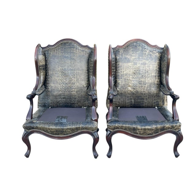 Animal Skin Crocodile Embossed Leather Chairs by Old Hickory Tannery, a Pair, Wingback Chairs, Nailhead Trim, Style of Massoud Lettsworth Wing Chair For Sale - Image 7 of 12