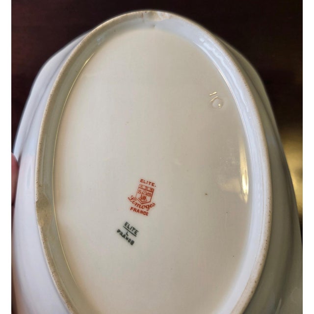 White Antique Elite Works Limoges 10" Oval Serving Bowl - Gilded Scrolls & Celadon Dot Border For Sale - Image 8 of 15