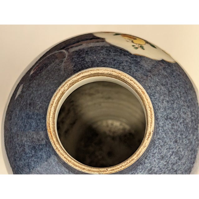 A Pair of Antique Chinese Power Blue Wucai Character Porcelain Vases For Sale - Image 9 of 9