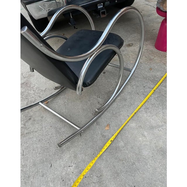 Chrome and Black Leather Vintage Modern Style Rocking Chair For Sale - Image 4 of 5