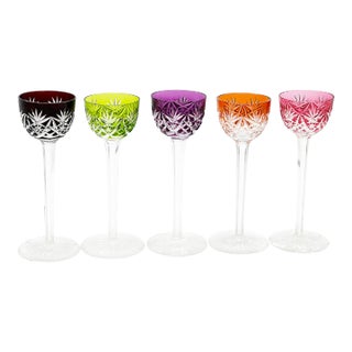Mid-Century Colorful Bohemian Crystal Tall Stemware Goblets- Set of 5 For Sale