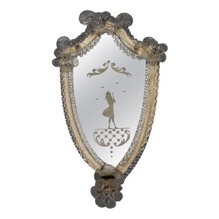 Italian Venetian Wall Mirror with Glass Frame and Candleholder, 1930s For Sale