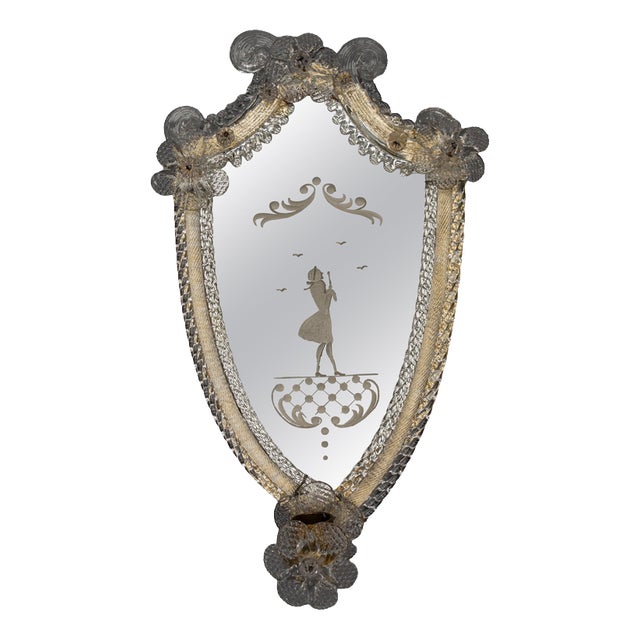 Italian Venetian Wall Mirror with Glass Frame and Candleholder, 1930s For Sale
