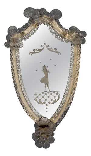 Italian Venetian Wall Mirror with Glass Frame and Candleholder, 1930s
