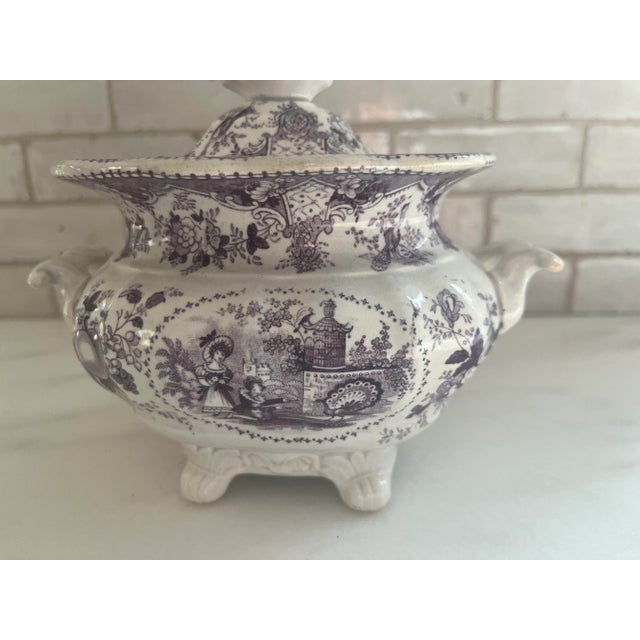 Purple and deep plum transferware sugar bowl in the Juvenile Amusement pattern. Excellent condition give its age. No...