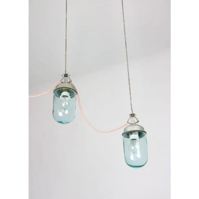 Metal Vintage Industrial Blue Glass and Grey Metal Pendant Lamps, 1950s, Set of 2 For Sale - Image 7 of 16