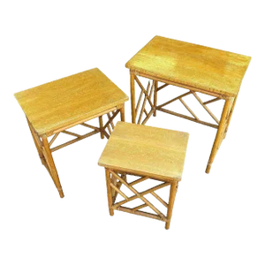 1950s Restored Mid-Century Set of 3 Rattan Nesting Side Tables W/ Mahogany Top