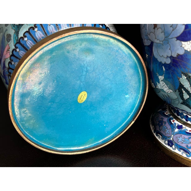 Rare Pair of Large Chinese Ming Style Blue and White Cloisonné Vases For Sale - Image 12 of 12