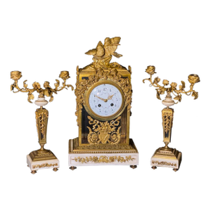 19thC French Louis XVI Gilt Bronze Marble Clock Set 3pc