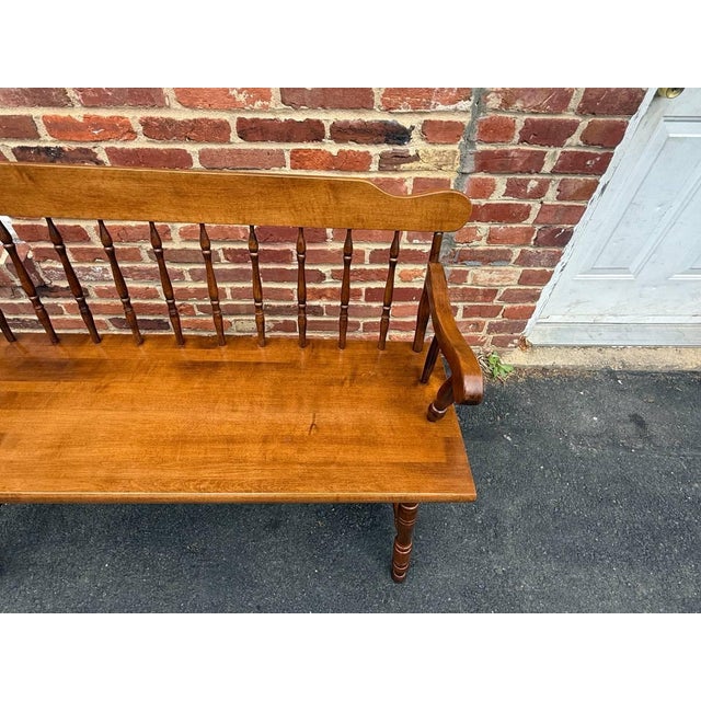 Vintage Early American Colonial Windsor Style Spindle Back Bench For Sale - Image 4 of 15