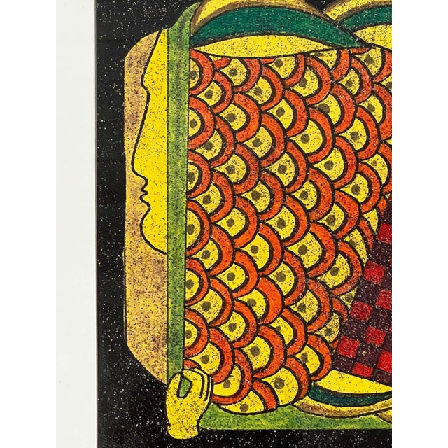 Mosaic-like, this piece is semi-abstract and compact yet very simple. The colors used are playful. It seems to show us...