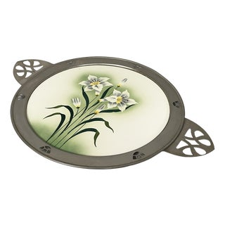 German Art Deco Tray in Ceramic and Metal with Flowers, 1930s For Sale