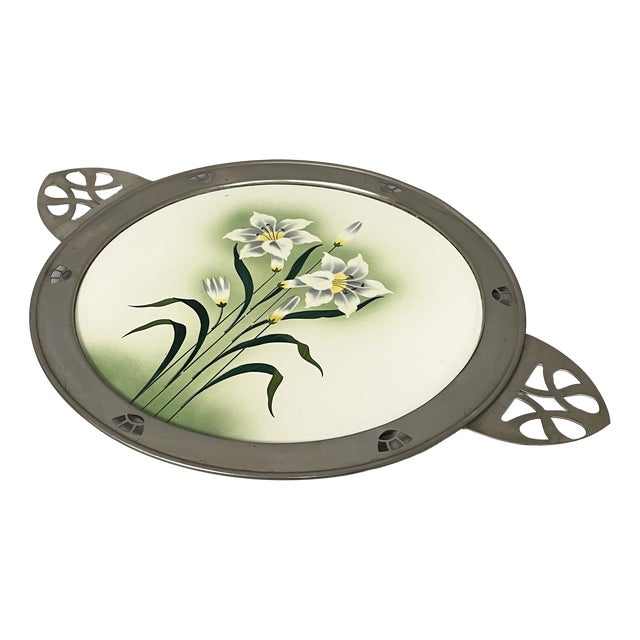 German Art Deco Tray in Ceramic and Metal with Flowers, 1930s For Sale