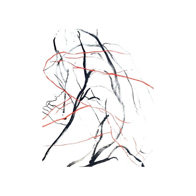 About the painting this artwork presents a striking interplay of fluid black and vibrant red lines on a stark white...