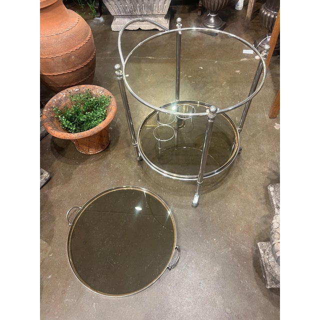 Polished Chrome Drinks Trolley or Bar Cart With Smoked Glass Trays From England For Sale - Image 11 of 11