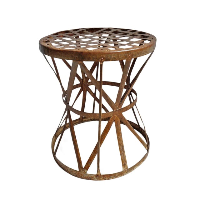 Vintage Industrial Iron Outdoor Strap Stool For Sale - Image 4 of 4