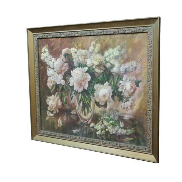 Traditional Mid 20th Century Vintage Floral Still Life Peonies Flower Vase Centerpiece Lithograph Print, Framed For Sale - Image 3 of 11