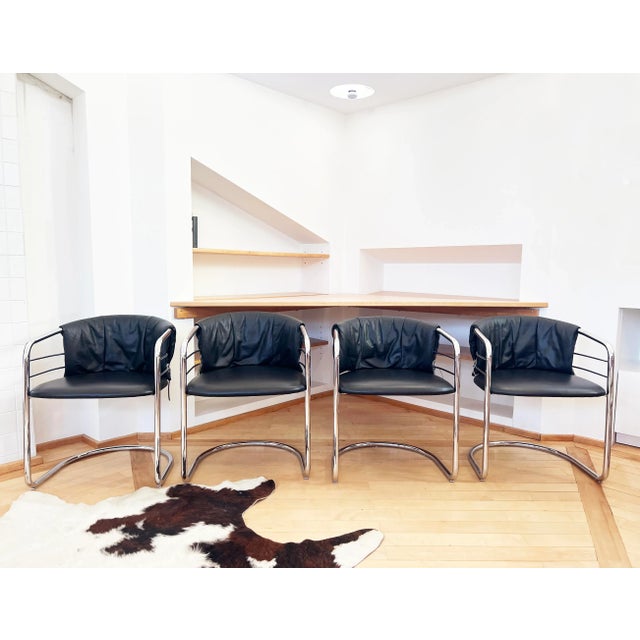 Italian 1980s Pair of Postmodern Italian Leather and Polished Chrome Accent Sling Chairs For Sale - Image 3 of 12