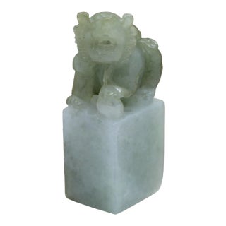 Natural Jade Detail Carved Chinese Table Top Foo Dog Statue For Sale