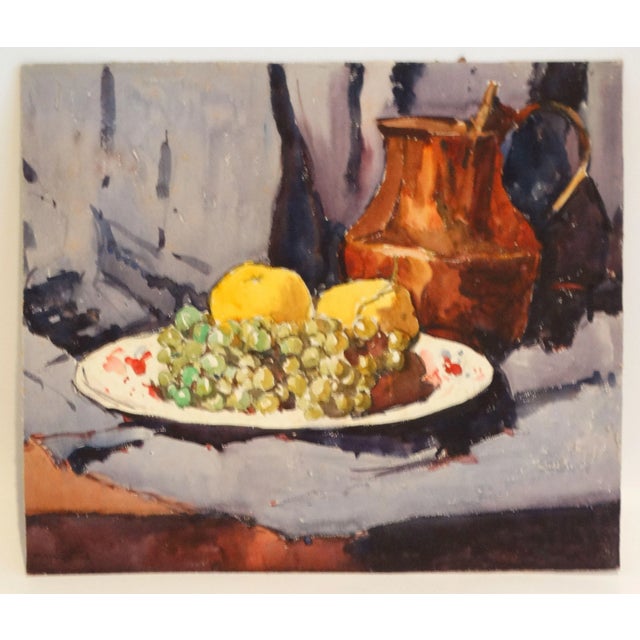 Lovely Mid 20th-Century still life with fruit and copper pitcher by French artist, P Reynard an accomplished...