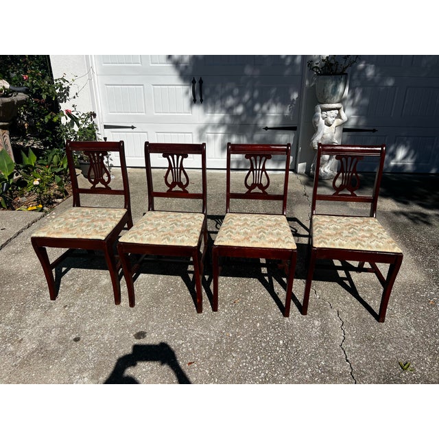 Early 20th Century Antique Harp Lyre Back Wooden Dining Chairs- Set of 4 For Sale - Image 5 of 14