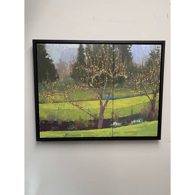 This artwork captures the essence of early spring in a backyard setting, featuring vibrant greens and budding trees that...