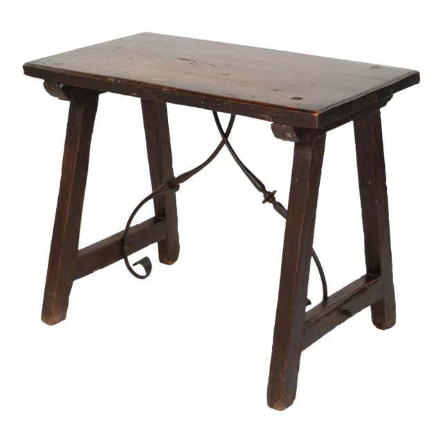 Small Scale Spanish Walnut Trestle Table With Iron Stretcher Circa 1850 For Sale