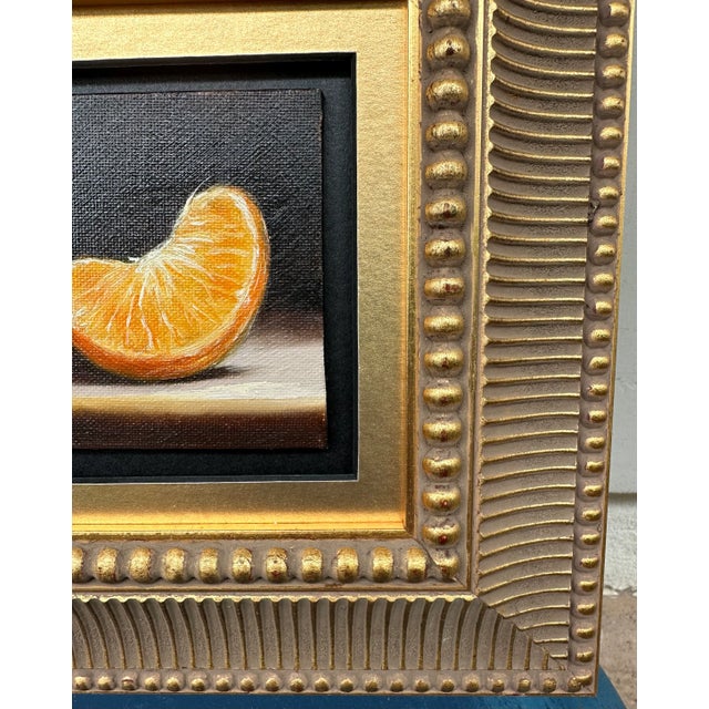 Realism 21st Century Orange Slice Oil on Board Gilt Wood Framed Painting Yellow Black Gold Handmade Signed Still Life Fruit For Sale - Image 3 of 13