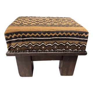 Vintage Footstool/Low Stool W/Bogolan Mud Cloth 16" W For Sale