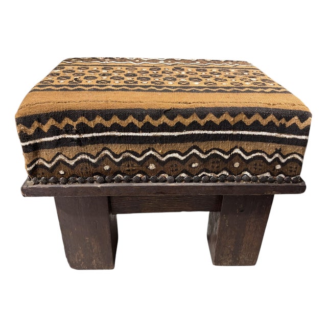 Vintage Footstool/Low Stool W/Bogolan Mud Cloth 16" W For Sale