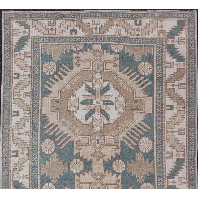 Textile Vintage Turkish Oushak Rug With Geometric Medallions 3'10" X 6'7" For Sale - Image 7 of 10