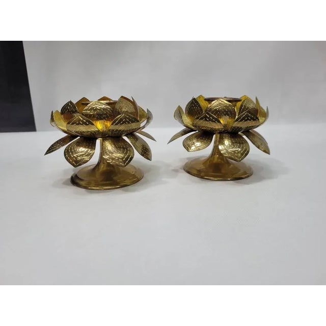 Mid-Century Modern Mid Century Lotus Brass Candle Holders - a Pair For Sale - Image 3 of 11