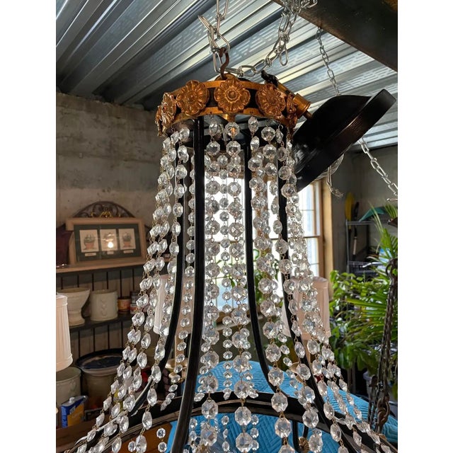 Vintage Black & Gold Empire Chandelier With Crystals and Custom Made Silk Pleated Shades For Sale - Image 11 of 12