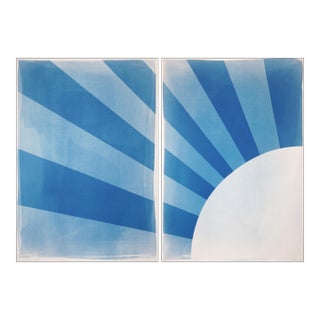 2025, Geometric Minimalist Landscape, New Dawn, Handmade Monotype Cyanotype on Watercolor Paper, Blue Tones Seascape - Set of 2 For Sale