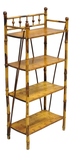 Antique English Victorian Burnt Bamboo Stick & Ball Small Bookcase Curio Shelf