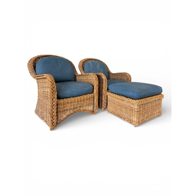 Vintage Organic Modern Braided Rattan Lounge Chairs With Ottoman For Sale - Image 4 of 12