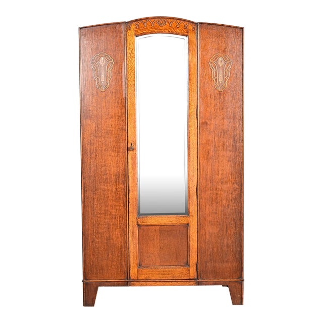 Antique English Art Nouveau Carved Oak Mirrored Armoire, Circa 1920s For Sale