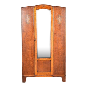 Antique English Art Nouveau Carved Oak Mirrored Armoire, Circa 1920s