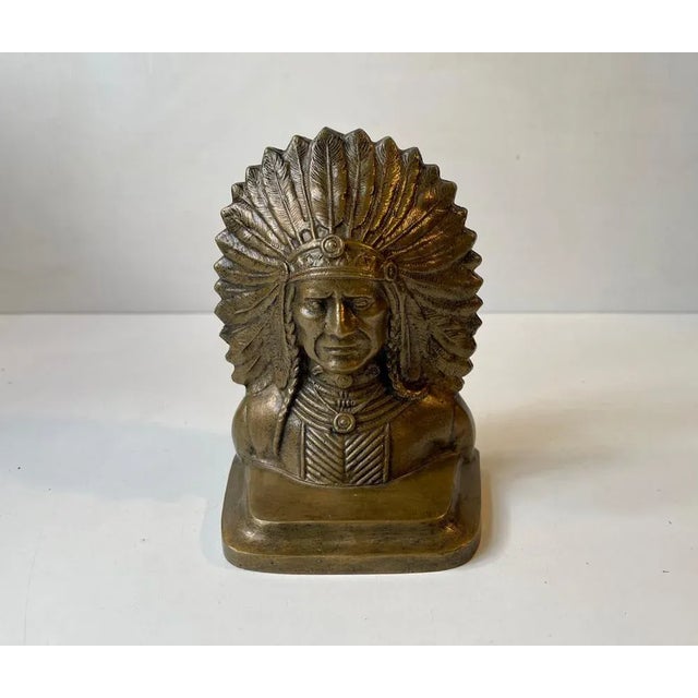 Metal Antique Indian Bronze Chief Bookend, USA. 1920s For Sale - Image 7 of 8