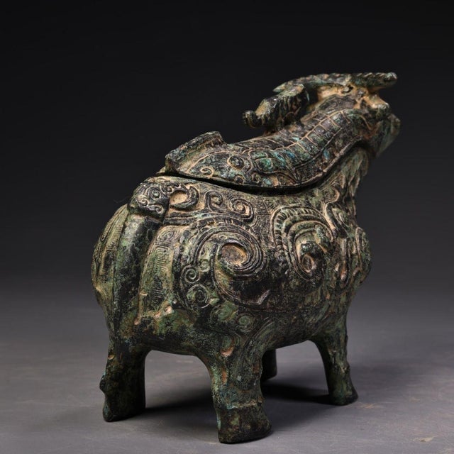 1960s 1960s Bronze Ox Ritual Vessel (Gong) With Green Patina - 5.9" Wide For Sale - Image 5 of 10