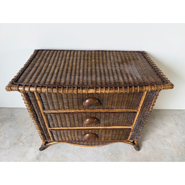 Vintage Coastal Organic Bamboo & Woven Wicker Three-Drawer Nightstand For Sale - Image 4 of 12