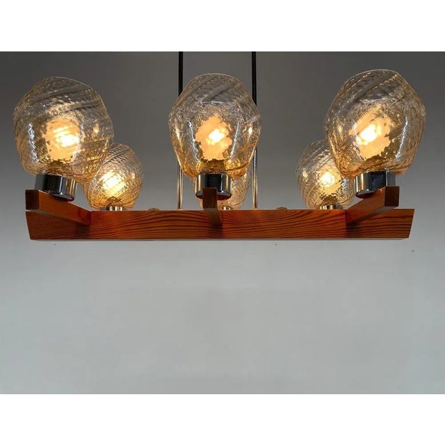 Wood Wood, Chrome & Glass Chandelier attributed to Elektroinstala Decin, 1970s For Sale - Image 7 of 11