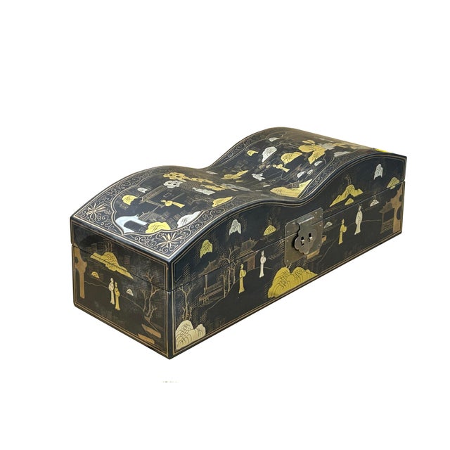 Black Lacquer Chinoiserie-Style Gold Silver Scenery Graphic Rectangular Box For Sale - Image 12 of 15