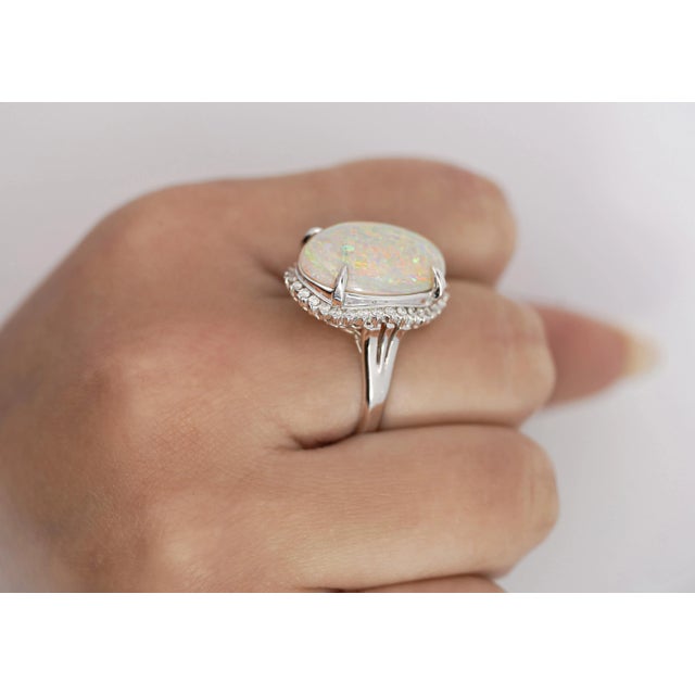 7.86 Carat Natural White Opal and Diamond Halo Platinum Ring For Sale - Image 12 of 12