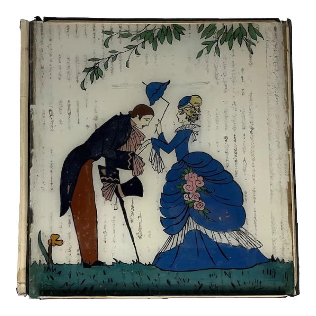 Early 20th Century Art Deco Reverse Painted Glass Courting Scene: Victorian Picture For Sale