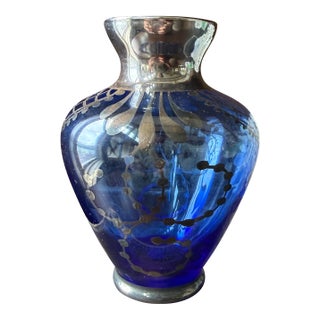 Vintage Italian Cobalt Blue Silver Overlay Art Glass Bud Vase, Florence Italy, Mid Century Decor For Sale